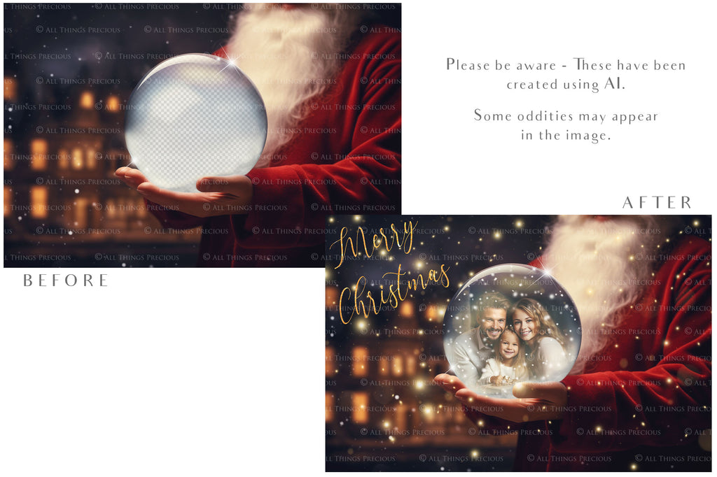 Digital Snow Globe Background, with Png snow overlays & PSD Template. The globe is transparent, perfect for adding your own images and retain the glass effect.The file is 6000 x 4000, 300dpi. Png Included. Use for Christmas edits, Photography, Card Crafts, Scrapbooking. Xmas Backdrops. Santa holding a glass ball.