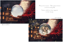 Load image into Gallery viewer, Digital Snow Globe Background, with Png snow overlays &amp; PSD Template. The globe is transparent, perfect for adding your own images and retain the glass effect.The file is 6000 x 4000, 300dpi. Png Included. Use for Christmas edits, Photography, Card Crafts, Scrapbooking. Xmas Backdrops. Santa holding a glass ball.
