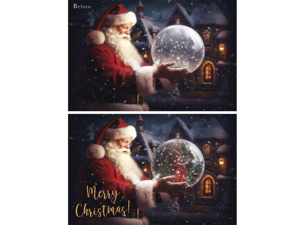 Digital Snow Globe Background, with Png snow overlays & PSD Template. The globe is transparent, perfect for adding your own images and retain the glass  effect.The file is 6000 x 4000, 300dpi. Png Included. Use for Christmas edits, Photography, Card Crafts, Scrapbooking. Xmas Backdrops. Santa holding a glass ball.