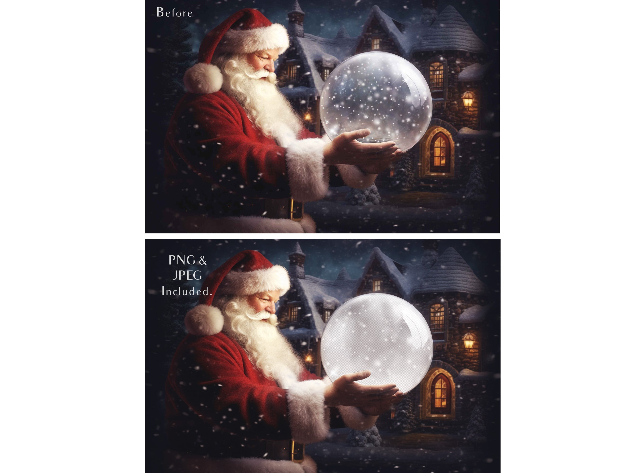Digital Snow Globe Background, with Png snow overlays & PSD Template. The globe is transparent, perfect for adding your own images and retain the glass  effect.The file is 6000 x 4000, 300dpi. Png Included. Use for Christmas edits, Photography, Card Crafts, Scrapbooking. Xmas Backdrops. Santa holding a glass ball.