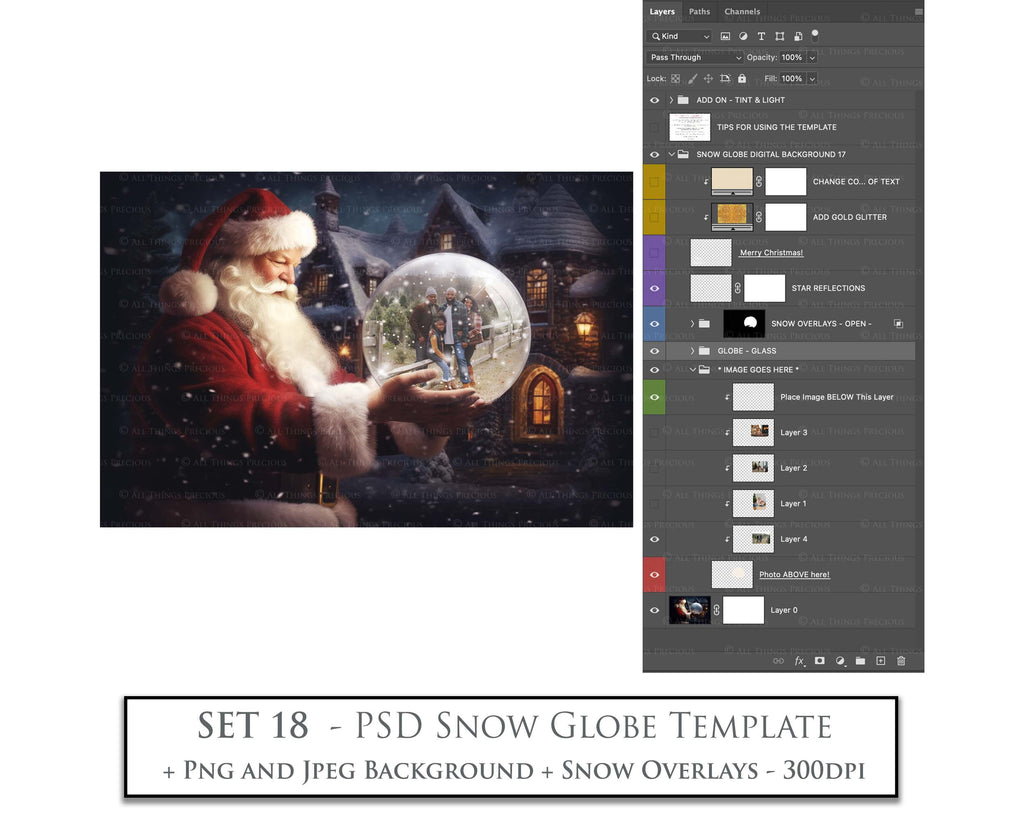 Digital Snow Globe Background, with Png snow overlays & PSD Template. The globe is transparent, perfect for adding your own images and retain the glass  effect.The file is 6000 x 4000, 300dpi. Png Included. Use for Christmas edits, Photography, Card Crafts, Scrapbooking. Xmas Backdrops. Santa holding a glass ball.