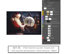 Load image into Gallery viewer, Digital Snow Globe Background, with Png snow overlays &amp; PSD Template. The globe is transparent, perfect for adding your own images and retain the glass  effect.The file is 6000 x 4000, 300dpi. Png Included. Use for Christmas edits, Photography, Card Crafts, Scrapbooking. Xmas Backdrops. Santa holding a glass ball.
