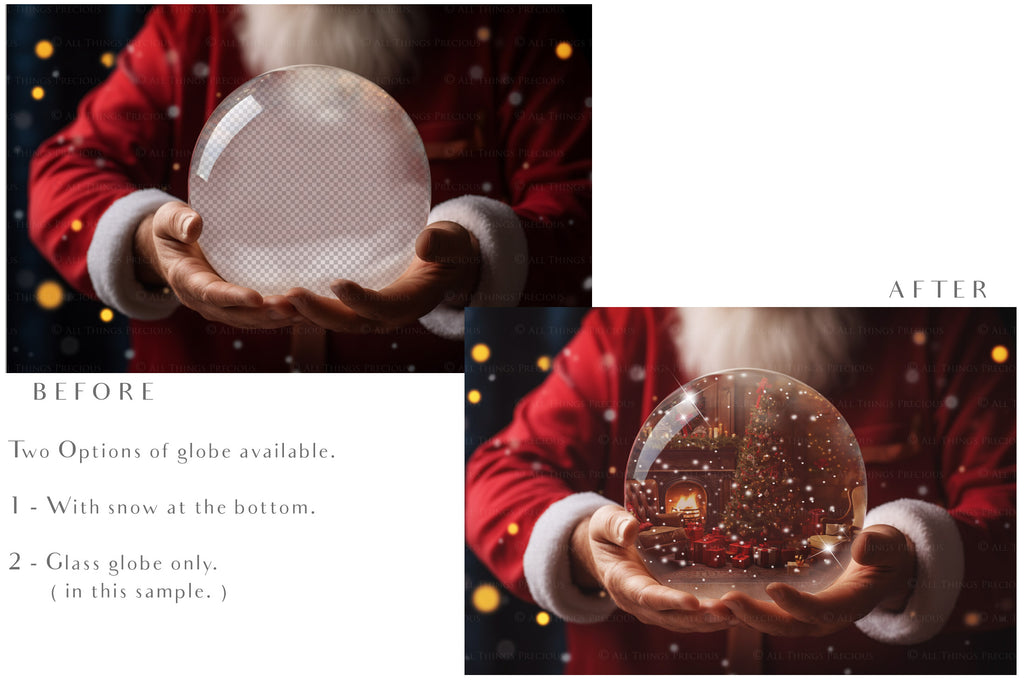 Digital Snow Globe Background, with Png snow overlays & PSD Template. The globe is transparent, perfect for adding your own images and retain the glass  effect.The file is 6000 x 4000, 300dpi. Png Included. Use for Christmas edits, Photography, Card Crafts, Scrapbooking. Xmas Backdrops. Santa holding a glass ball.