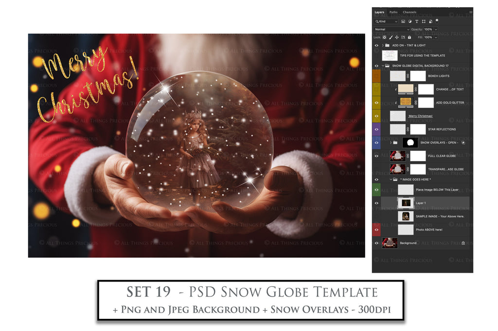 Digital Snow Globe Background, with Png snow overlays & PSD Template. The globe is transparent, perfect for adding your own images and retain the glass  effect.The file is 6000 x 4000, 300dpi. Png Included. Use for Christmas edits, Photography, Card Crafts, Scrapbooking. Xmas Backdrops. Santa holding a glass ball.