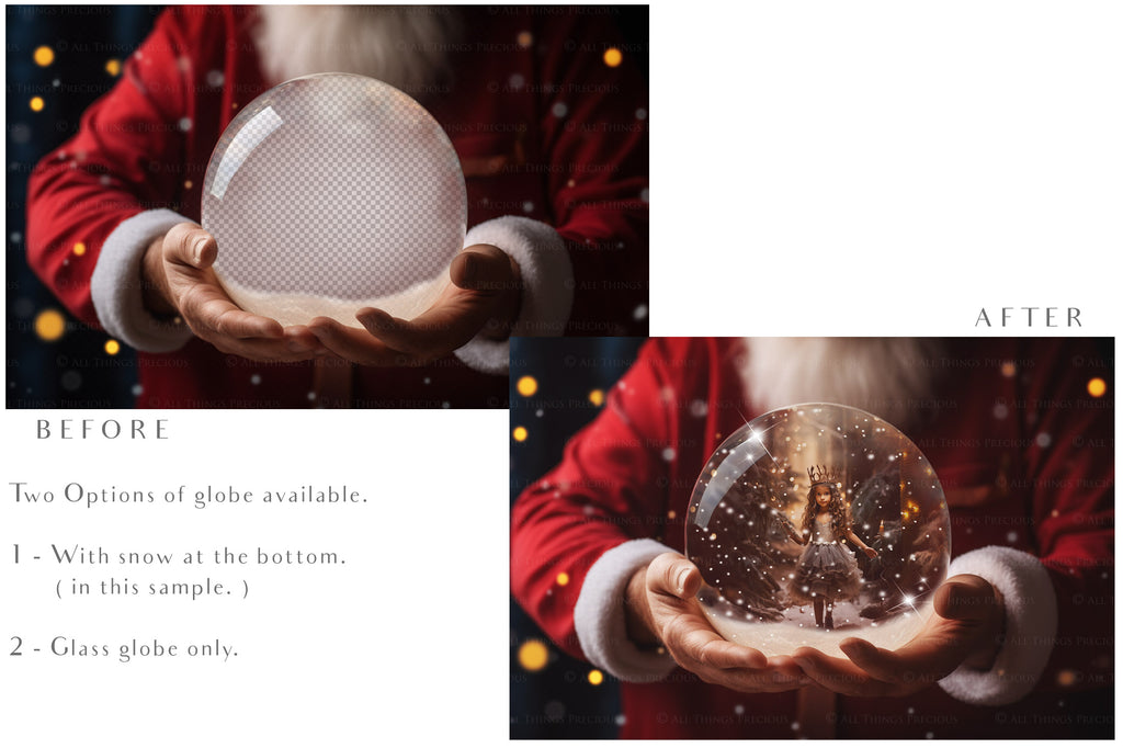 Digital Snow Globe Background, with snow flurries and a PSD Template included in the set.The globe is transparent, perfect for adding your own images and retain the glass  effect.The file is 6000 x 4000, 300dpi. Png Included.