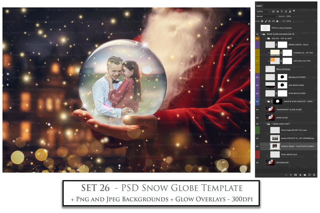 Digital Snow Globe Background, with Png snow overlays & PSD Template. The globe is transparent, perfect for adding your own images and retain the glass effect.The file is 6000 x 4000, 300dpi. Png Included. Use for Christmas edits, Photography, Card Crafts, Scrapbooking. Xmas Backdrops. Santa holding a glass ball.