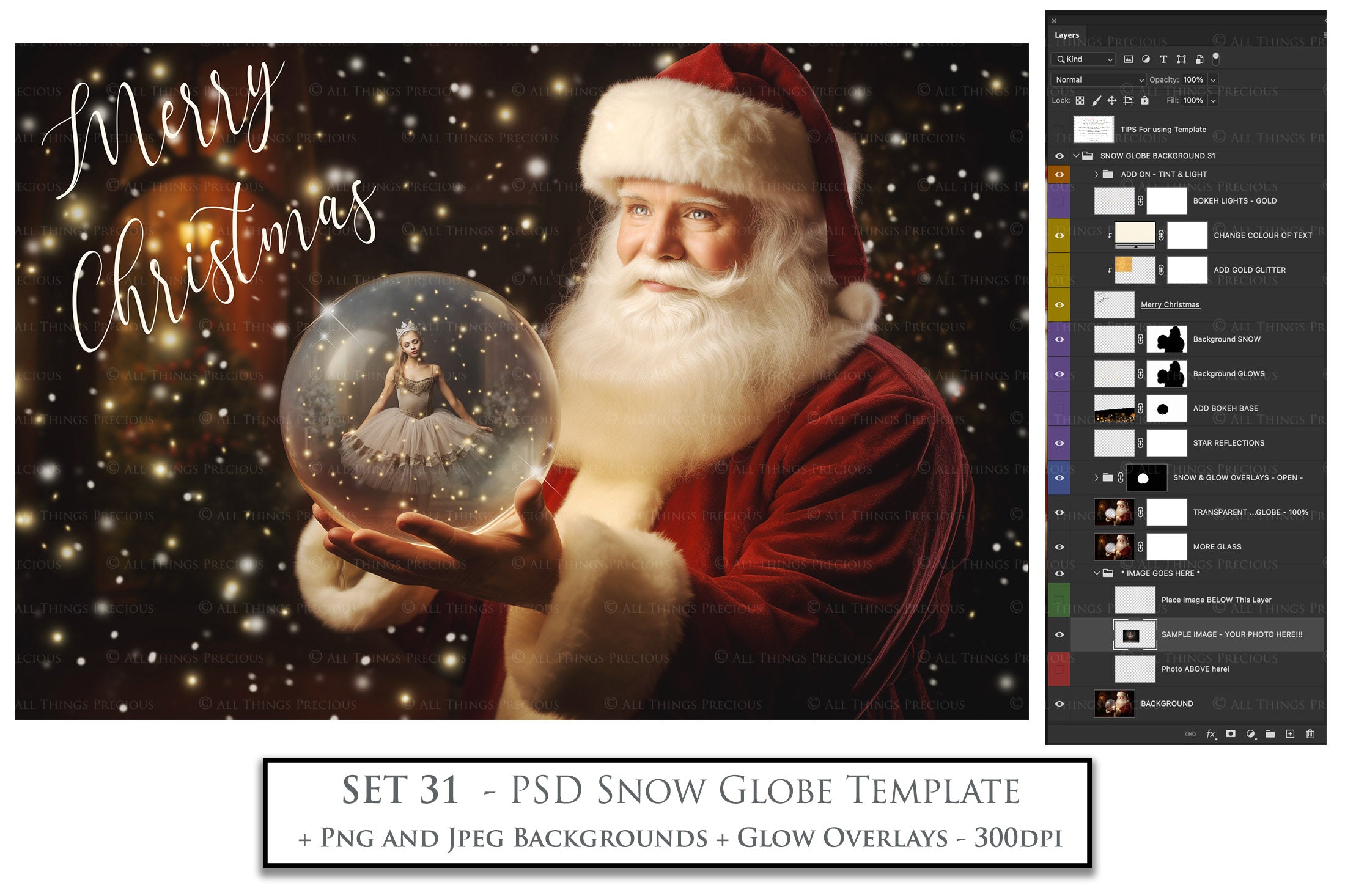 Digital Snow Globe Background, with Png snow overlays & PSD Template. The globe is transparent, perfect for adding your own images and retain the glass effect.The file is 6000 x 4000, 300dpi. Png Included. Use for Christmas edits, Photography, Card Crafts, Scrapbooking. Xmas Backdrops. Santa holding a glass ball.