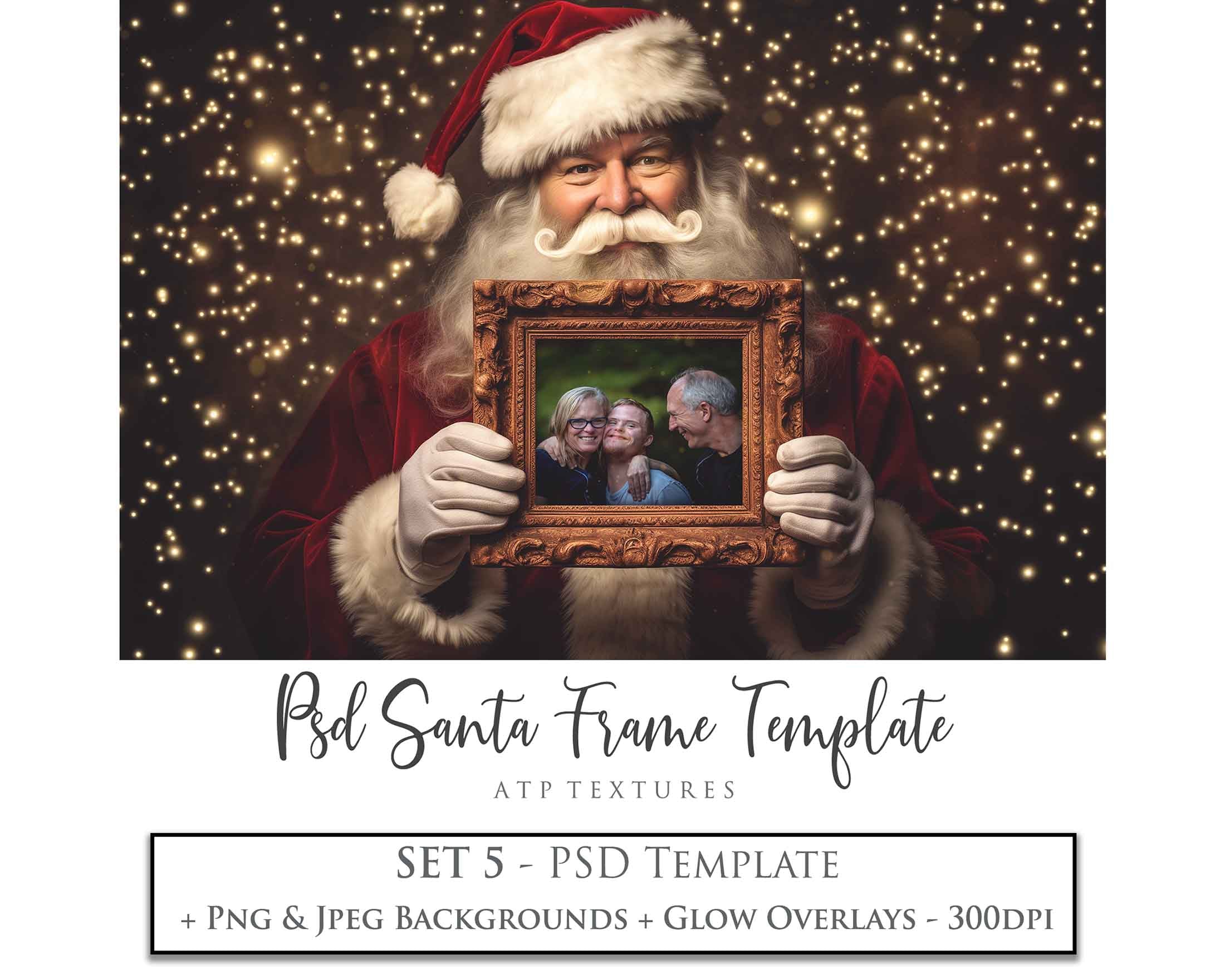 Digital Santa with Frame Background. Png snow and glow overlays & PSD Template. The frame is transparent, perfect for adding your own images. The file is 6000 x 4000, 300dpi. Png Included. Use for Christmas edits, Photography, Card Crafts, Scrapbooking. Xmas Backdrops. Santa holding a frame.