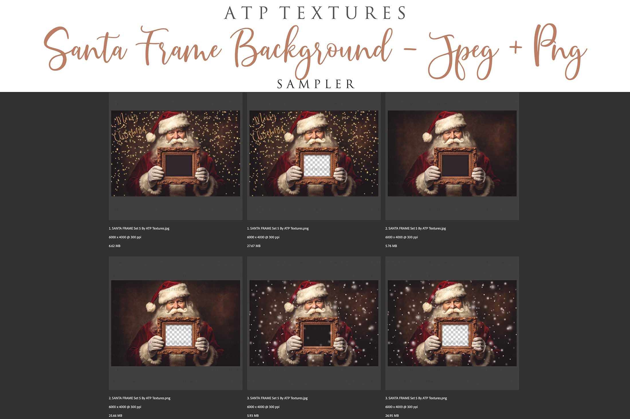 Digital Santa with Frame Background. Png snow and glow overlays & PSD Template. The frame is transparent, perfect for adding your own images. The file is 6000 x 4000, 300dpi. Png Included. Use for Christmas edits, Photography, Card Crafts, Scrapbooking. Xmas Backdrops. Santa holding a frame.