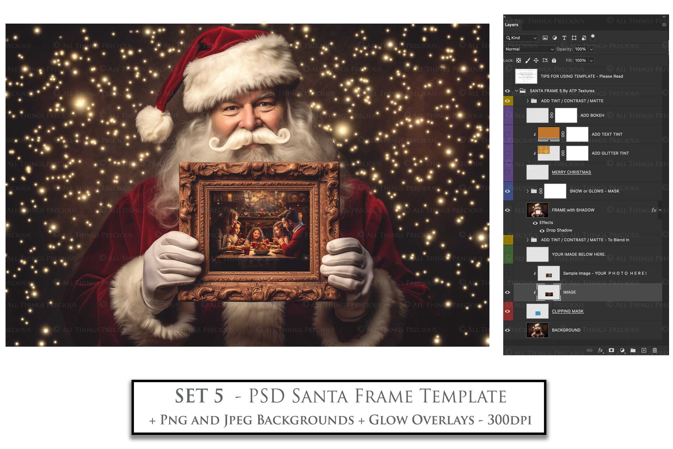 Digital Santa with Frame Background. Png snow and glow overlays & PSD Template. The frame is transparent, perfect for adding your own images. The file is 6000 x 4000, 300dpi. Png Included. Use for Christmas edits, Photography, Card Crafts, Scrapbooking. Xmas Backdrops. Santa holding a frame.