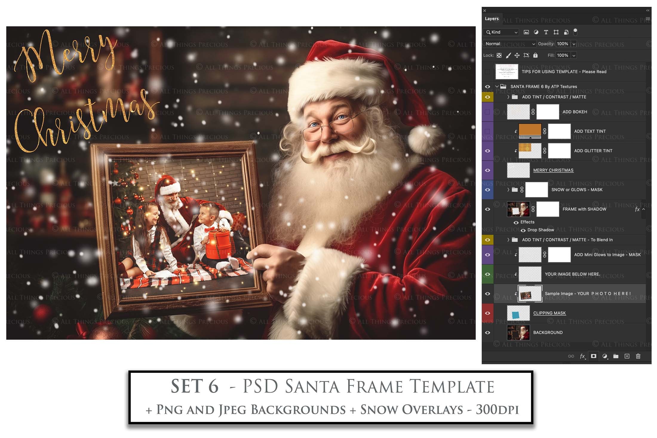 Digital Santa with Frame Background.  Png snow and glow overlays & PSD Template. The frame is transparent, perfect for adding your own images.  The file is 6000 x 4000, 300dpi. Png Included. Use for Christmas edits, Photography, Card Crafts, Scrapbooking. Xmas Backdrops. Santa holding a frame.