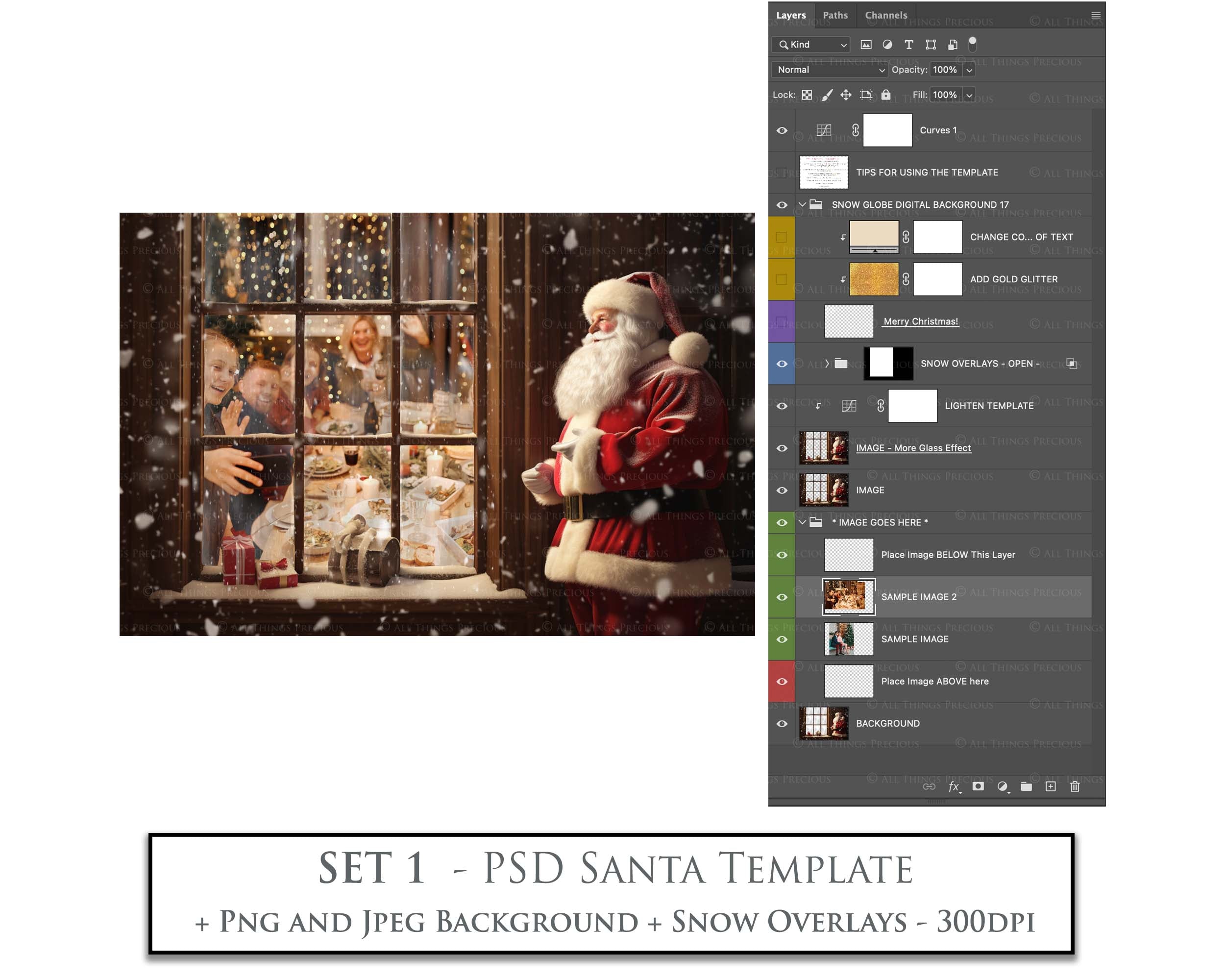 Digital Santa Window Background, with snow flurries and a PSD Template included in the set. The Window has a glass effect and is transparent, perfect for you to add your own images and retain the effect.