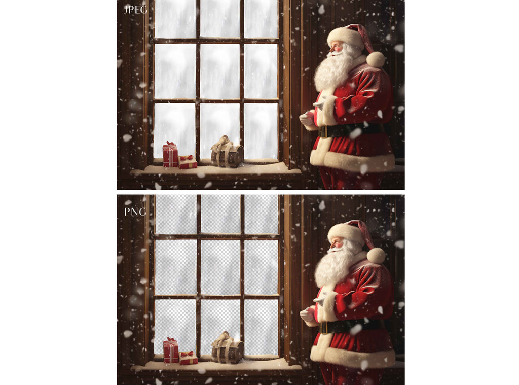 Digital Santa Window Background, with snow flurries and a PSD Template included in the set. The Window has a glass effect and is transparent, perfect for you to add your own images and retain the effect.