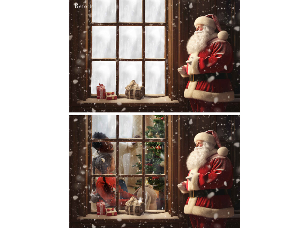 Digital Santa Window Background, with snow flurries and a PSD Template included in the set. The Window has a glass effect and is transparent, perfect for you to add your own images and retain the effect.