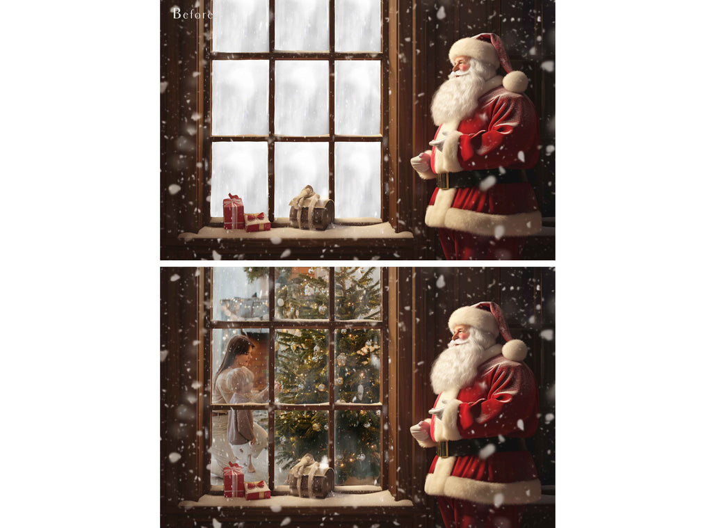 Digital Santa Window Background, with snow flurries and a PSD Template included in the set. The Window has a glass effect and is transparent, perfect for you to add your own images and retain the effect.