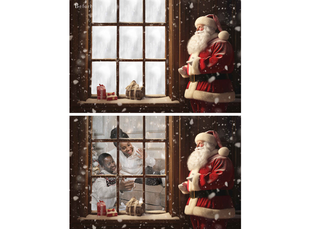 Digital Santa Window Background, with snow flurries and a PSD Template included in the set. The Window has a glass effect and is transparent, perfect for you to add your own images and retain the effect.