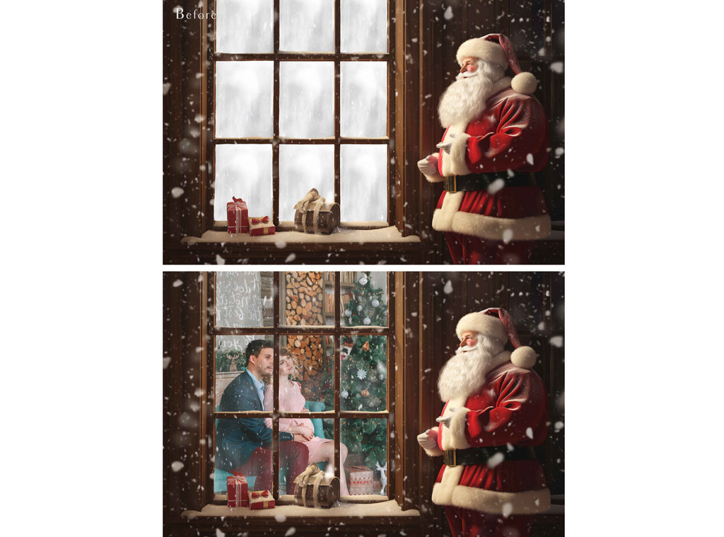 Digital Santa Window Background, with snow flurries and a PSD Template included in the set. The Window has a glass effect and is transparent, perfect for you to add your own images and retain the effect.