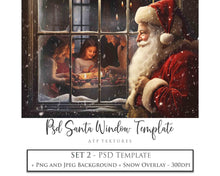 Load image into Gallery viewer, Digital Santa Window Background, with snow flurries and a PSD Template included in the set. The Window has a glass effect and is transparent, perfect for you to add your own images and retain the effect.
