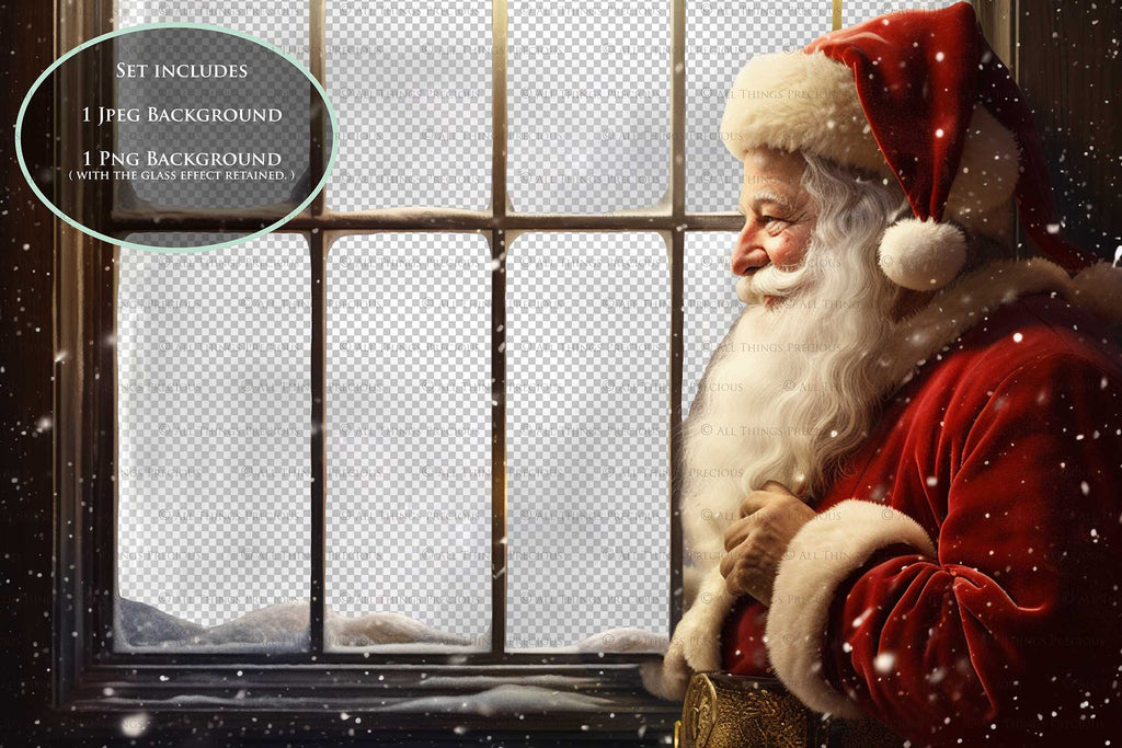 Digital Santa Window Background, with snow flurries and a PSD Template included in the set. The Window has a glass effect and is transparent, perfect for you to add your own images and retain the effect.