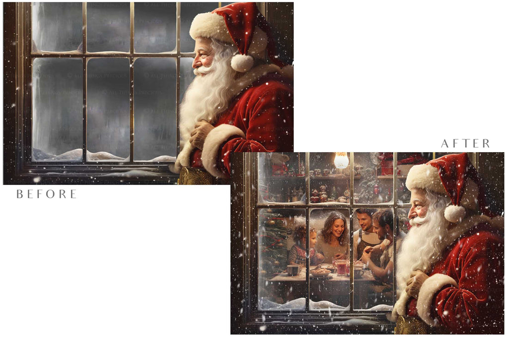 Digital Santa Window Background, with snow flurries and a PSD Template included in the set. The Window has a glass effect and is transparent, perfect for you to add your own images and retain the effect.