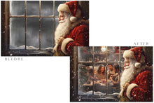 Load image into Gallery viewer, Digital Santa Window Background, with snow flurries and a PSD Template included in the set. The Window has a glass effect and is transparent, perfect for you to add your own images and retain the effect.

