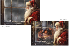 Load image into Gallery viewer, Digital Santa Window Background, with snow flurries and a PSD Template included in the set. The Window has a glass effect and is transparent, perfect for you to add your own images and retain the effect.

