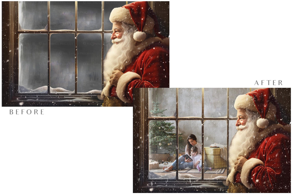 Digital Santa Window Background, with snow flurries and a PSD Template included in the set. The Window has a glass effect and is transparent, perfect for you to add your own images and retain the effect.