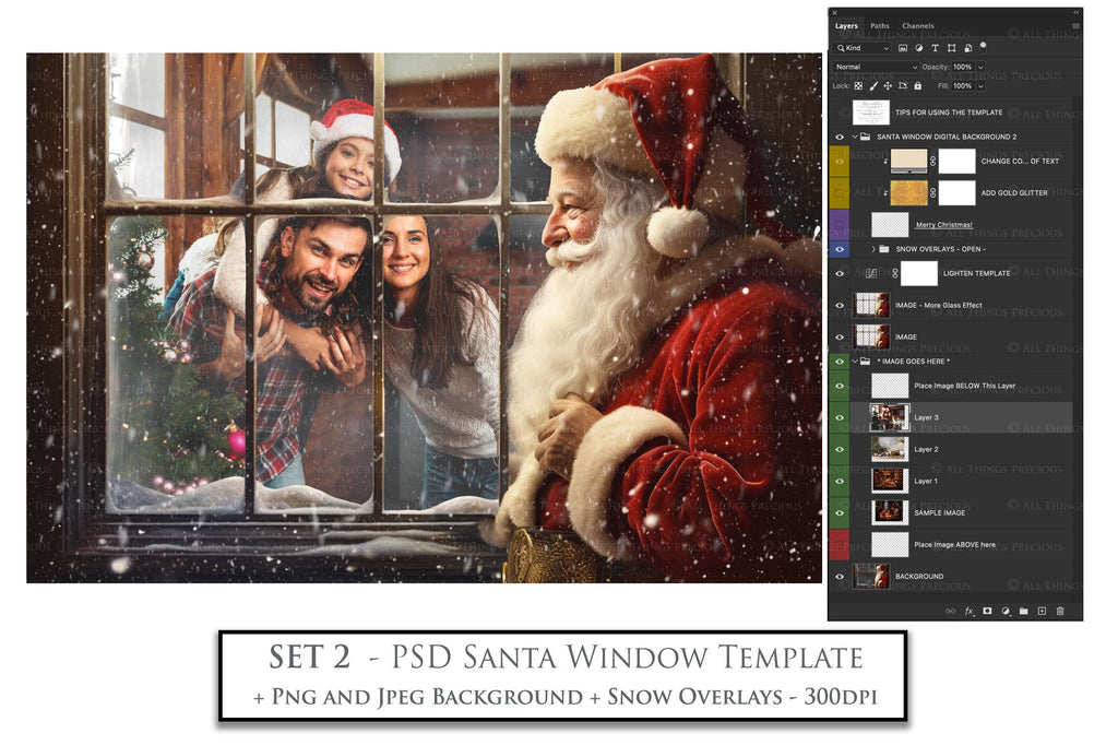 Digital Santa Window Background, with snow flurries and a PSD Template included in the set. The Window has a glass effect and is transparent, perfect for you to add your own images and retain the effect.