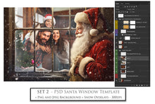 Load image into Gallery viewer, Digital Santa Window Background, with snow flurries and a PSD Template included in the set. The Window has a glass effect and is transparent, perfect for you to add your own images and retain the effect.
