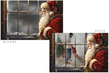 Load image into Gallery viewer, Digital Santa Window Background, with snow flurries and a PSD Template included in the set. The Window has a glass effect and is transparent, perfect for you to add your own images and retain the effect.
