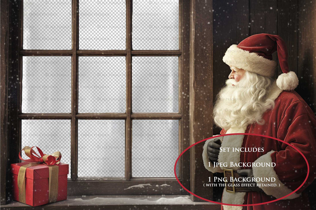 Digital Santa Window Background, with snow flurries and a PSD Template included in the set. The Window has a glass effect and is transparent, perfect for you to add your own images and retain the effect. ATP Textures.