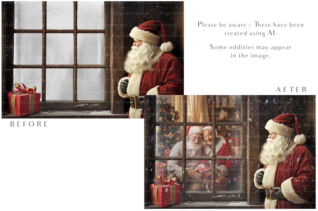 Digital Santa Window Background, with snow flurries and a PSD Template included in the set. The Window has a glass effect and is transparent, perfect for you to add your own images and retain the effect. ATP Textures.