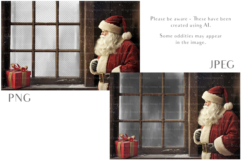 Digital Santa Window Background, with snow flurries and a PSD Template included in the set. The Window has a glass effect and is transparent, perfect for you to add your own images and retain the effect. ATP Textures.