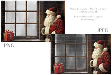 Load image into Gallery viewer, Digital Santa Window Background, with snow flurries and a PSD Template included in the set. The Window has a glass effect and is transparent, perfect for you to add your own images and retain the effect. ATP Textures.
