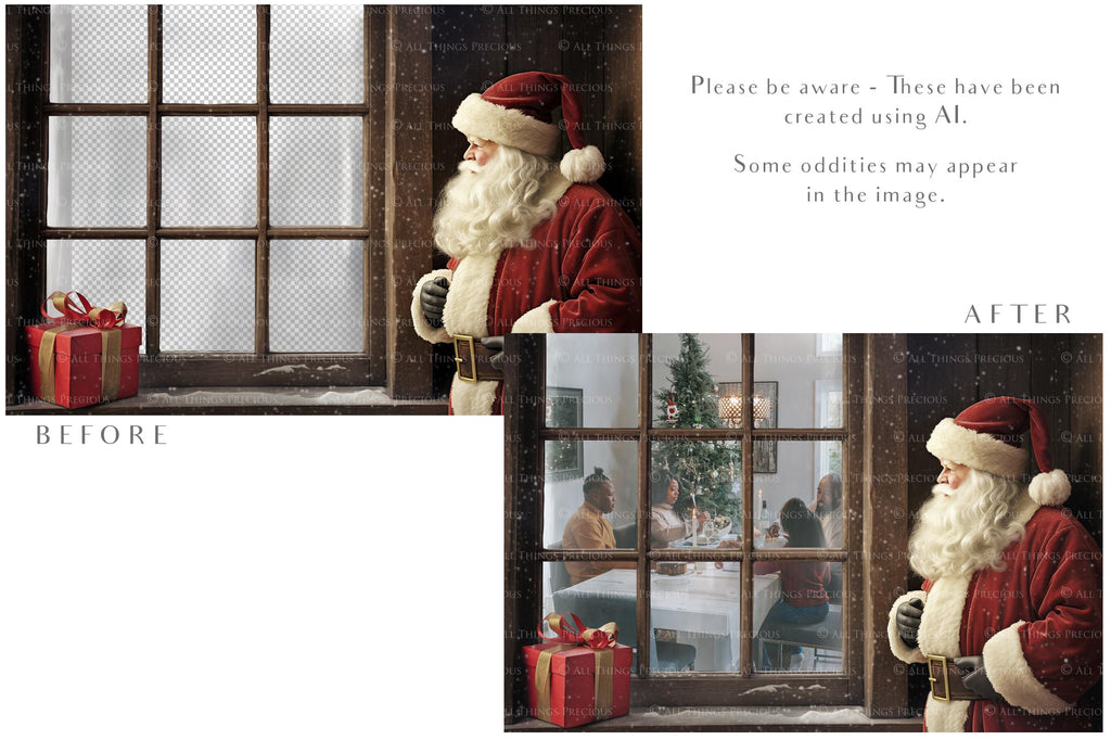 Digital Santa Window Background, with snow flurries and a PSD Template included in the set. The Window has a glass effect and is transparent, perfect for you to add your own images and retain the effect. ATP Textures.