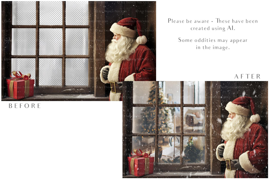 Digital Santa Window Background, with snow flurries and a PSD Template included in the set. The Window has a glass effect and is transparent, perfect for you to add your own images and retain the effect. ATP Textures.