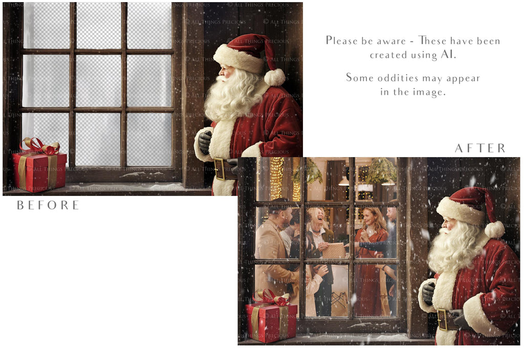 Digital Santa Window Background, with snow flurries and a PSD Template included in the set. The Window has a glass effect and is transparent, perfect for you to add your own images and retain the effect. ATP Textures.