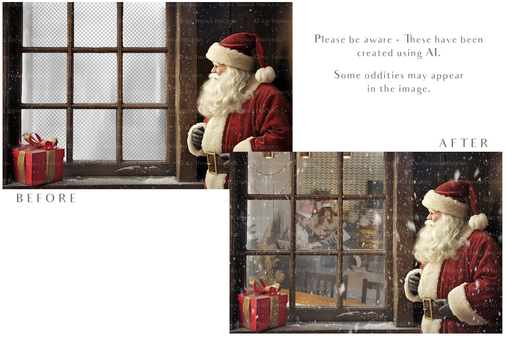 Digital Santa Window Background, with snow flurries and a PSD Template included in the set. The Window has a glass effect and is transparent, perfect for you to add your own images and retain the effect. ATP Textures.