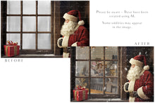 Load image into Gallery viewer, Digital Santa Window Background, with snow flurries and a PSD Template included in the set. The Window has a glass effect and is transparent, perfect for you to add your own images and retain the effect. ATP Textures.
