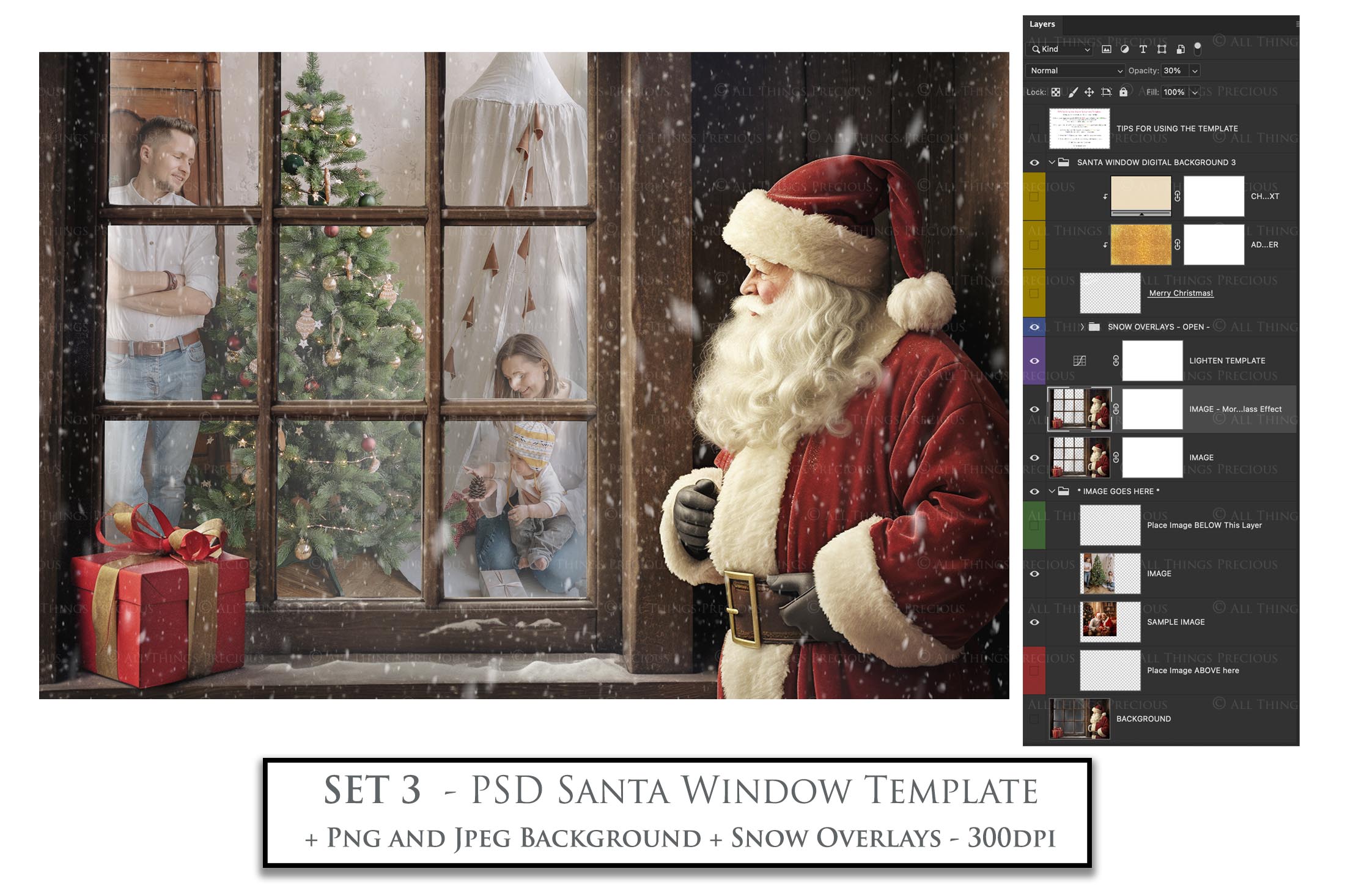 Digital Santa Window Background, with snow flurries and a PSD Template included in the set. The Window has a glass effect and is transparent, perfect for you to add your own images and retain the effect. ATP Textures.