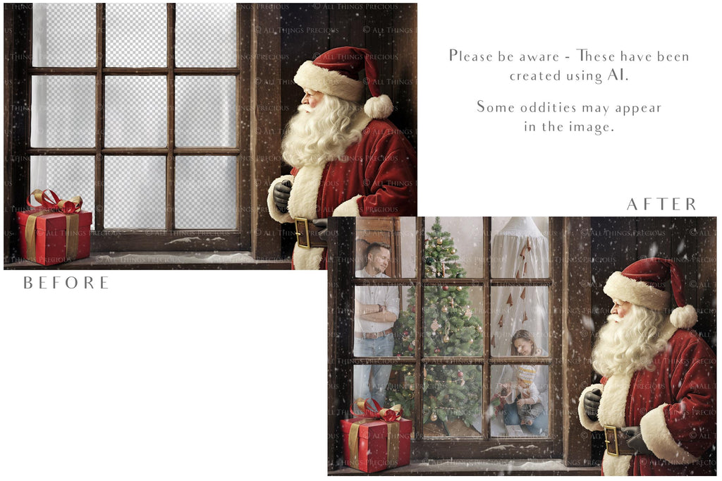 Digital Santa Window Background, with snow flurries and a PSD Template included in the set. The Window has a glass effect and is transparent, perfect for you to add your own images and retain the effect. ATP Textures.