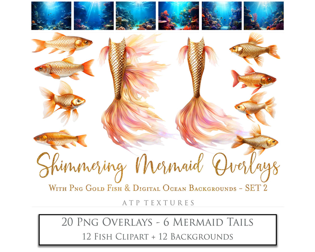 Mermaid Tail fin overlays in colourful tints. By ATP Textures