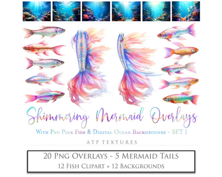 Mermaid Tail fin overlays in colourful tints. By ATP Textures