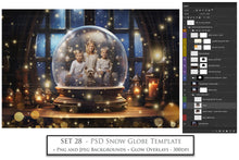 Load image into Gallery viewer, Digital Snow Globe Background. Png snow and glow overlays with PSD Template. The globe is transparent, perfect for adding your own images and retain the glass effect. Nutcracker Mouse Christmas. The file is 6000 x 4000, 300dpi. Png Included. Use for Xmas edits, Photography, Card Crafts, Scrapbooking. ATP Textures
