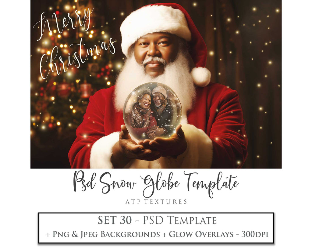 Digital Santa Globe Background, with Png overlays & PSD Template. The globe is transparent, perfect to add images and retain the glass effect. 6000 x 4000, 300dpi. Png Included. Use for Christmas edits, Photography, Card Crafts, Scrapbooking. Xmas Backdrops. African American Black Santa holding a glass ball.