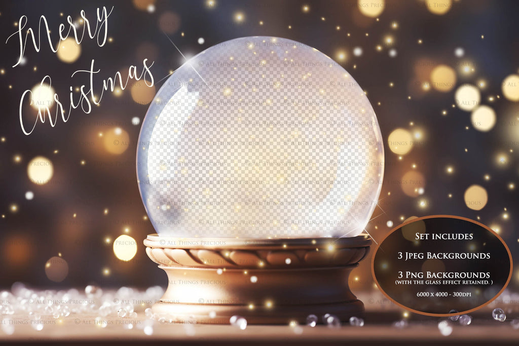 Digital Snow Globe Background, with Png snow overlays & PSD Template. The globe is transparent, perfect for adding your own images and retain the glass effect.The file is 6000 x 4000, 300dpi. Png Included. Use for Christmas edits, Photography, Card Crafts, Scrapbooking. Xmas Backdrops. Santa holding a glass ball.