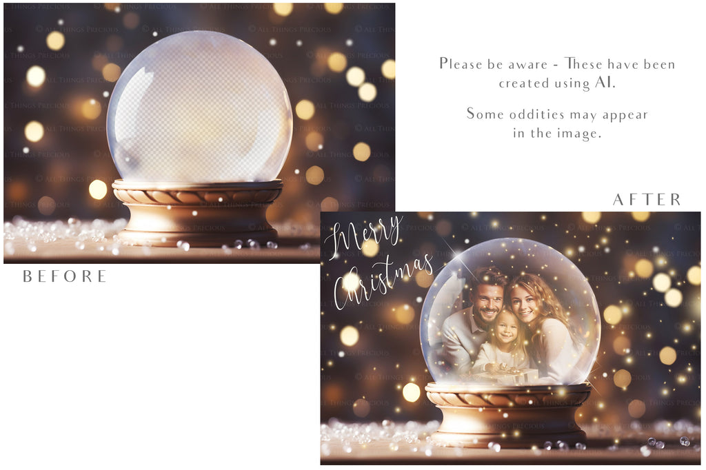 Digital Snow Globe Background, with Png snow overlays & PSD Template. The globe is transparent, perfect for adding your own images and retain the glass effect.The file is 6000 x 4000, 300dpi. Png Included. Use for Christmas edits, Photography, Card Crafts, Scrapbooking. Xmas Backdrops. Santa holding a glass ball.