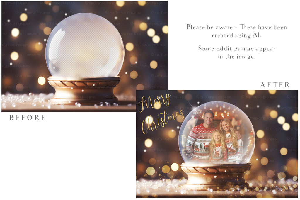 Digital Snow Globe Background, with Png snow overlays & PSD Template. The globe is transparent, perfect for adding your own images and retain the glass effect.The file is 6000 x 4000, 300dpi. Png Included. Use for Christmas edits, Photography, Card Crafts, Scrapbooking. Xmas Backdrops. Santa holding a glass ball.