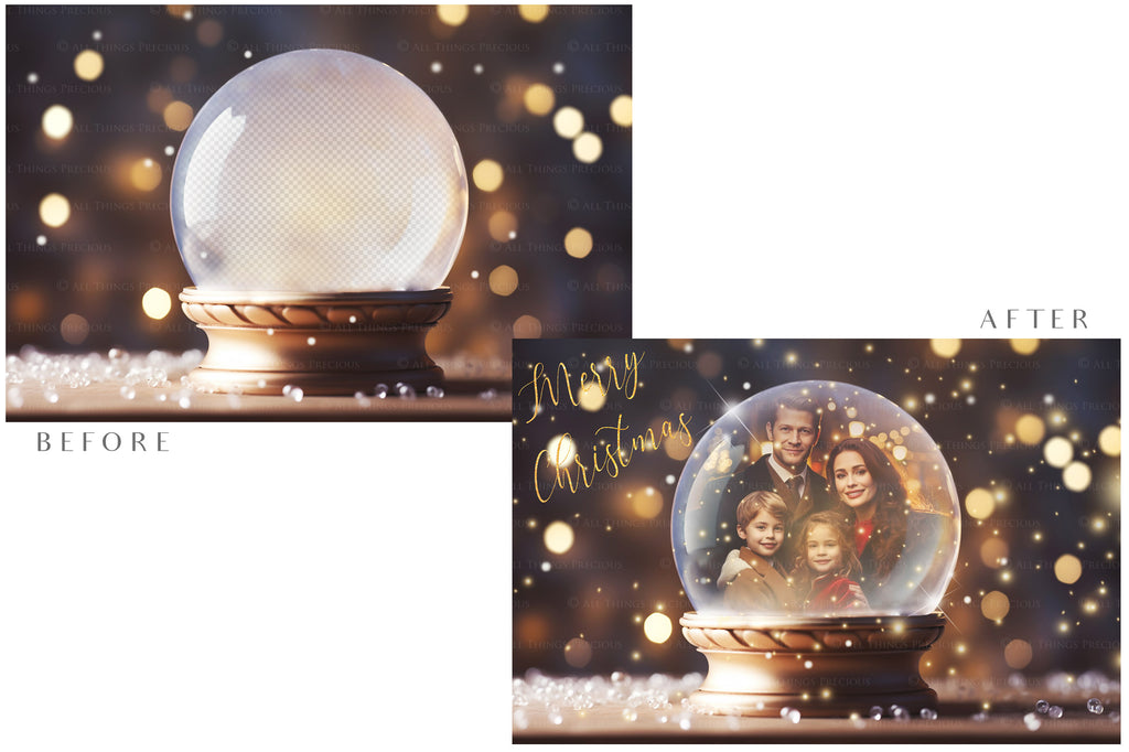 Digital Snow Globe Background, with Png snow overlays & PSD Template. The globe is transparent, perfect for adding your own images and retain the glass effect.The file is 6000 x 4000, 300dpi. Png Included. Use for Christmas edits, Photography, Card Crafts, Scrapbooking. Xmas Backdrops. Santa holding a glass ball.