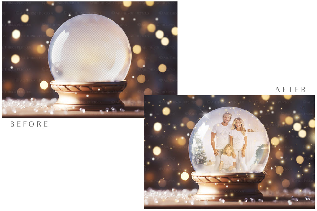 Digital Snow Globe Background, with Png snow overlays & PSD Template. The globe is transparent, perfect for adding your own images and retain the glass effect.The file is 6000 x 4000, 300dpi. Png Included. Use for Christmas edits, Photography, Card Crafts, Scrapbooking. Xmas Backdrops. Santa holding a glass ball.